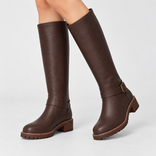 Arianne Comfort Buckle Knee-High Boots — Dark Brown | Emory & Blanc