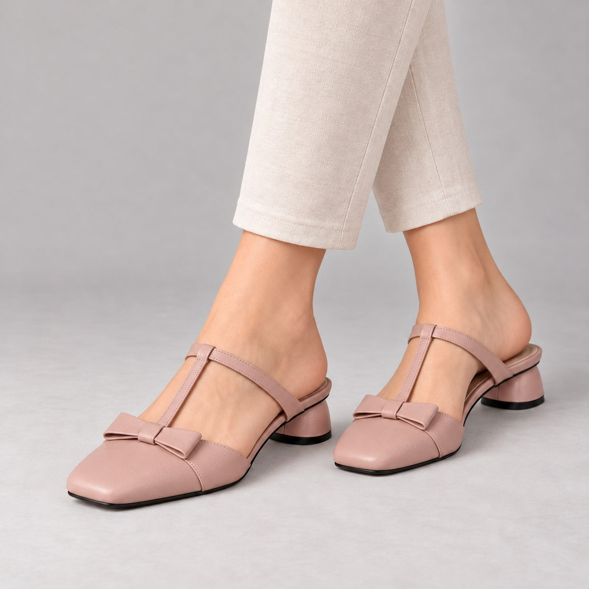 Arlette Comfort Bow-Trim Mules — Light Pink | Emory & Blanc