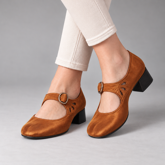 Aubrelle Comfort Buckle Mary Jane Heels — Brown | Emory & Blanc