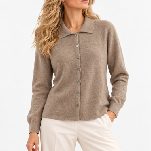 Cecily Soft Shirt-Collar Cardigan, Button Front — Camel | Emory & Blanc