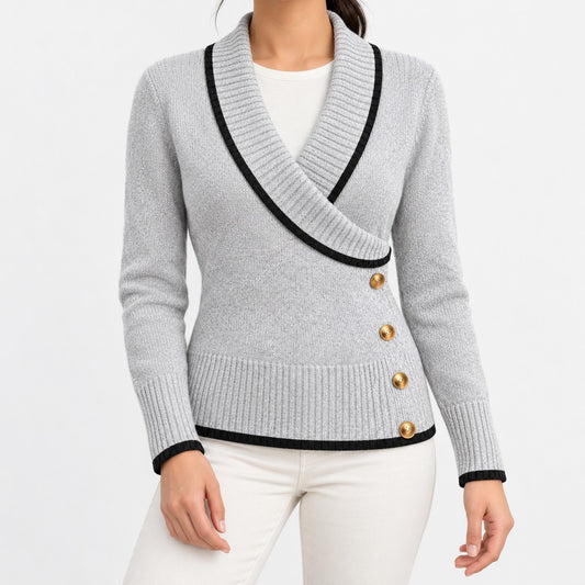 Claudie Soft V-Neck Sweater, Contrast Trim — Light Grey | Emory & Blanc