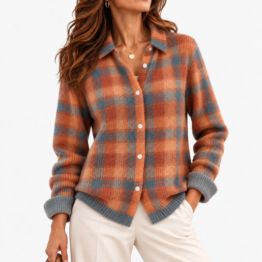 Clemence Plaid Button-Front Cardigan — Orange & Green Plaid | Emory & Blanc