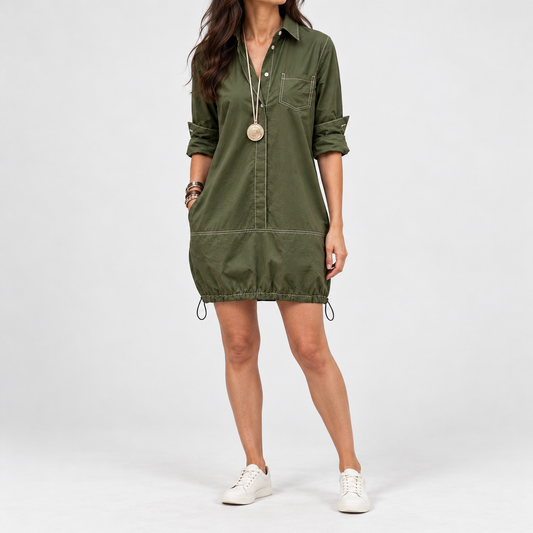 Florette Relaxed Fit Drawcord Dress — Olive Green | Emory & Blanc