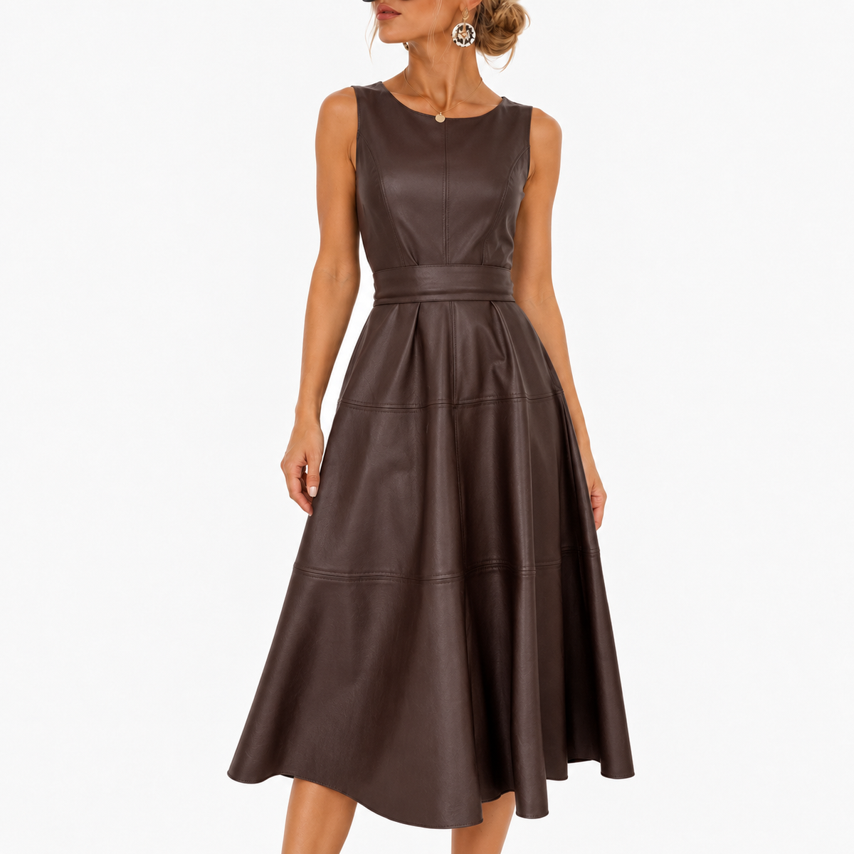 Isabel Defined-Waist Sleeveless Midi Dress — Coffee | Emory & Blanc