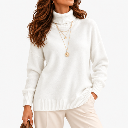 Isaline Soft Roll-Neck Sweater, Relaxed Fit — White | Emory & Blanc