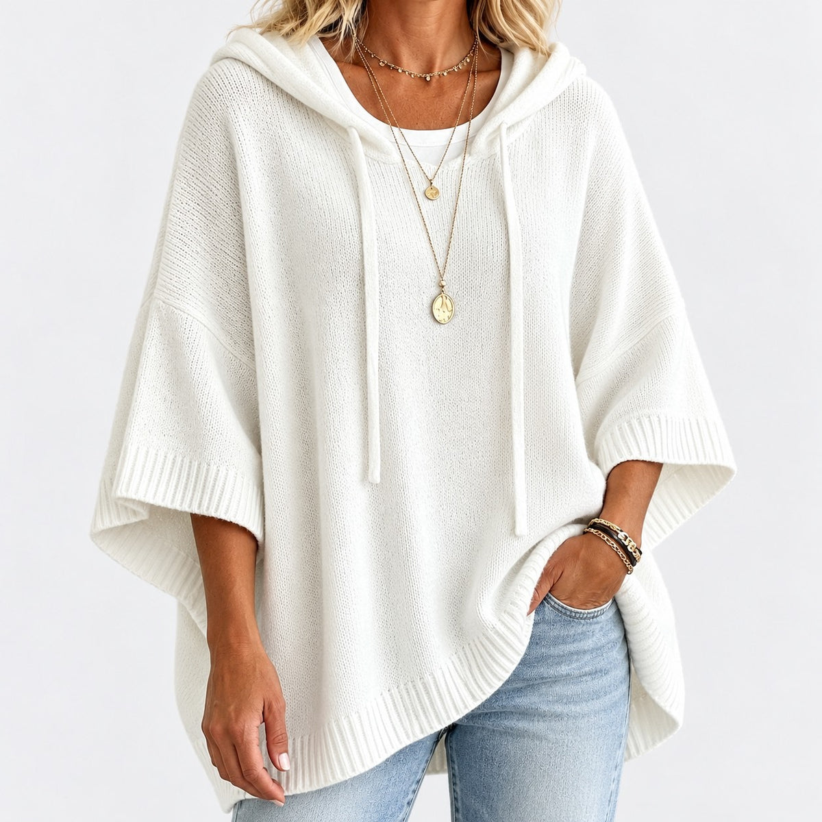 Lisbeth Relaxed Fit Poncho Sweater, Open Hood — White | Emory & Blanc