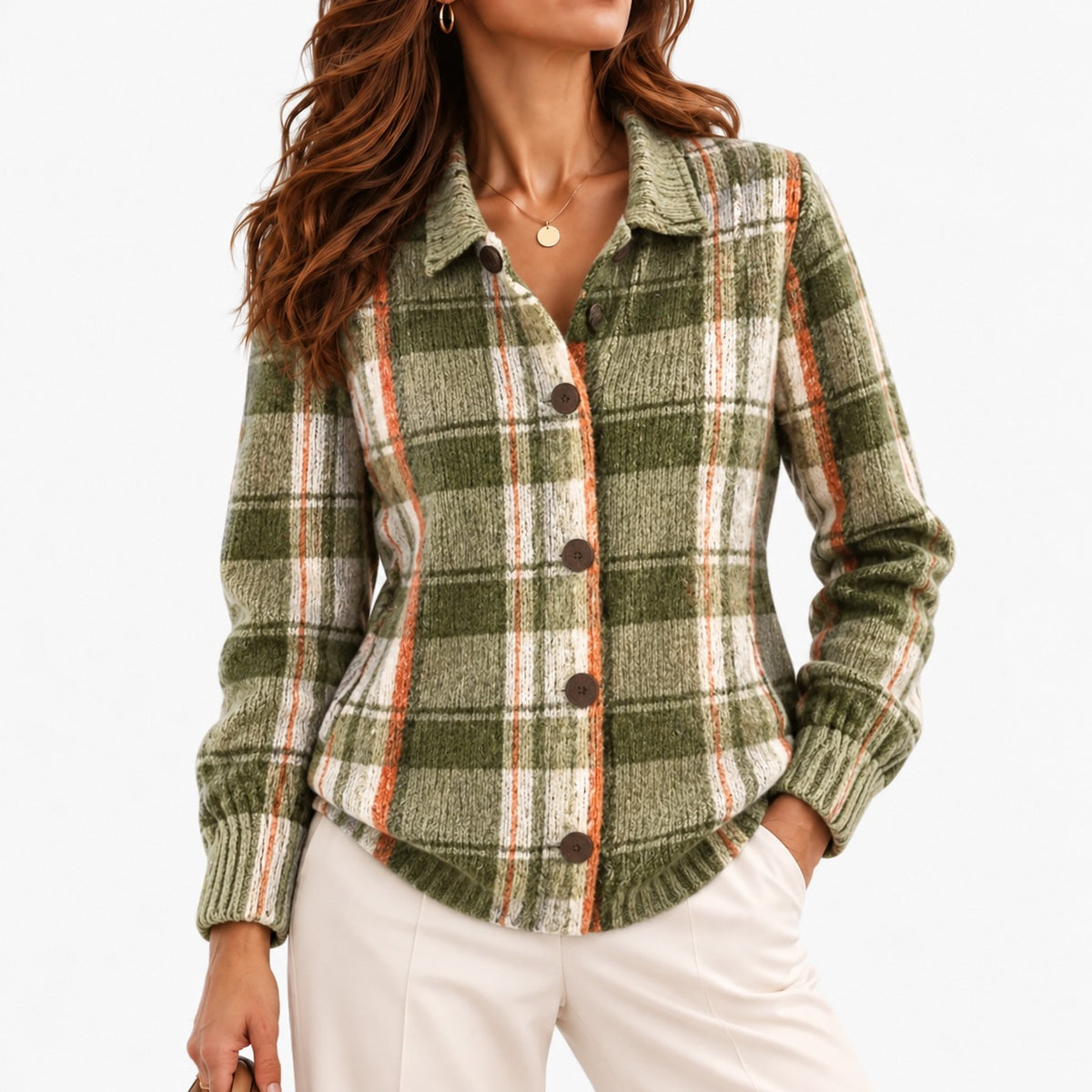 Lucina Relaxed Fit Button-Front Cardigan — Green & Rust Plaid | Emory & Blanc