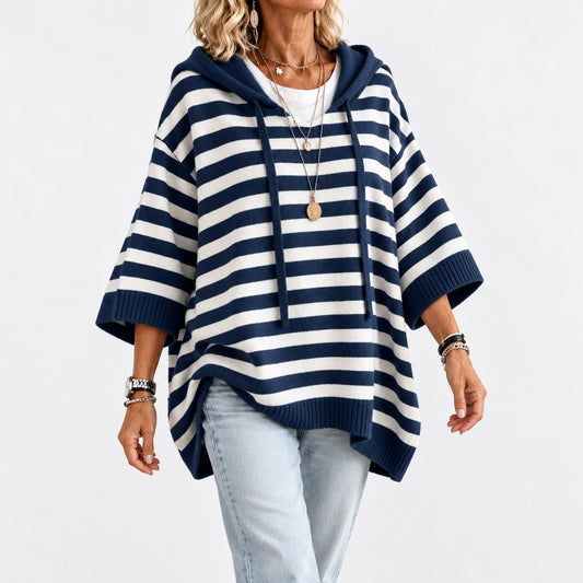 Maribeth Comfort Striped Poncho Sweater — Navy / Stripe | Emory & Blanc