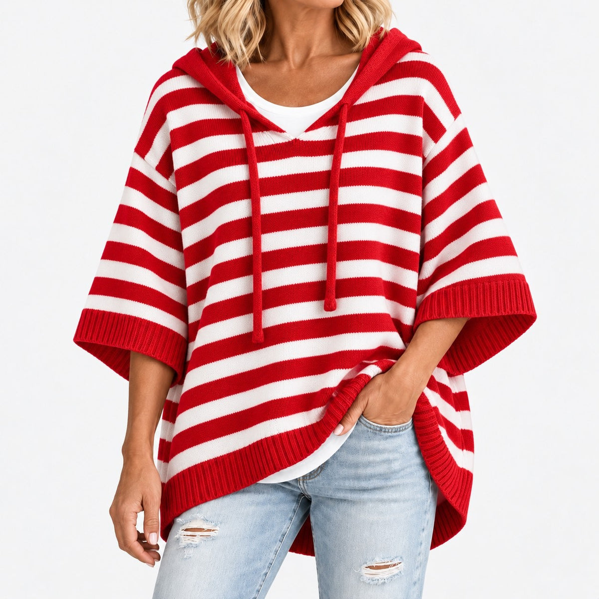 Maribeth Comfort Striped Poncho Sweater — Red / Stripe | Emory & Blanc