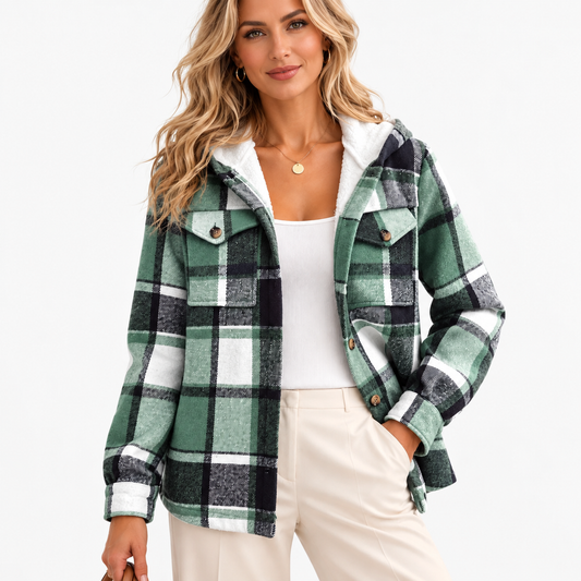 Odelia Breathable Plaid Shirt Jacket, Lined Hood — Green | Emory & Blanc