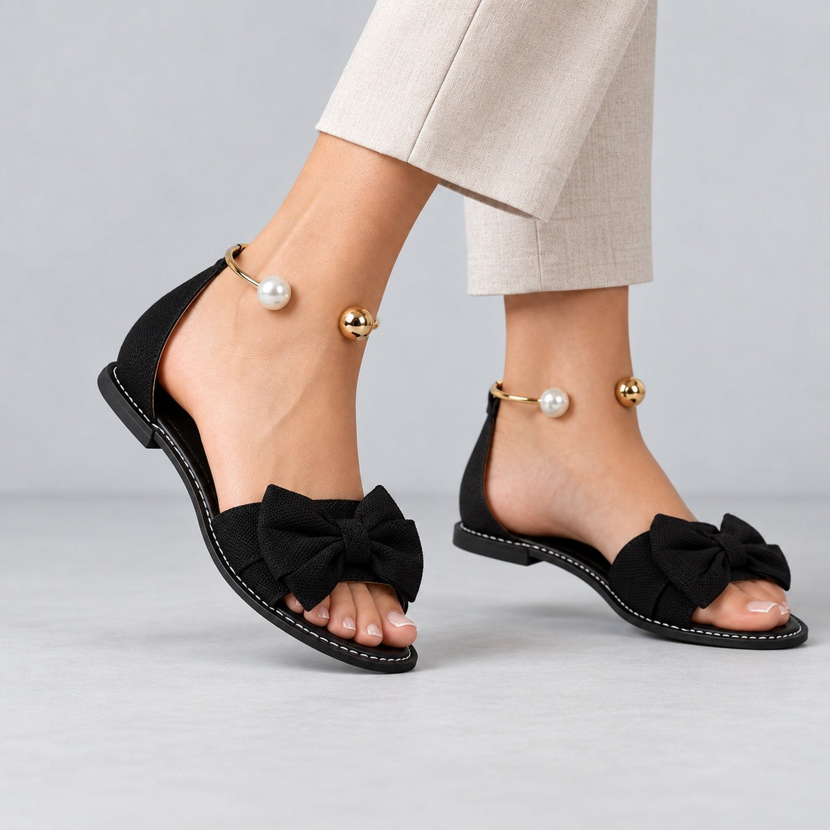 Ottilie Wide Bow Ankle Cuff Flat Sandals | Emory & Blanc