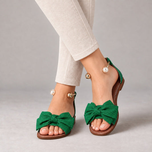 Ottilie Wide Bow Ankle Cuff Flat Sandals — Green | Emory & Blanc