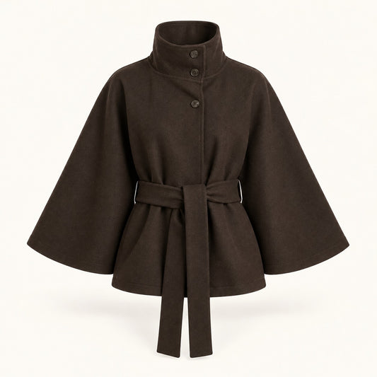 Rosamund Belted Wrap Jacket, Stand Collar — Braun | Emory & Blanc