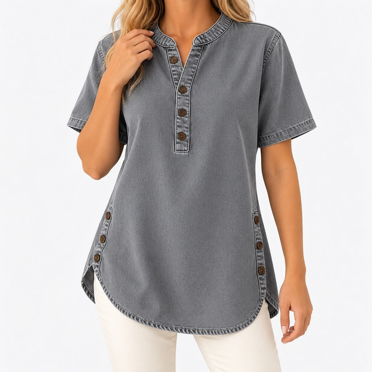 Selene Relaxed Fit Side-Button Tunic Top — Gray | Emory & Blanc
