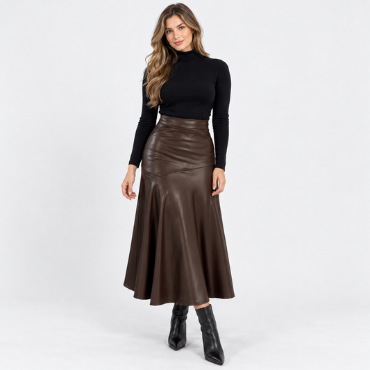 Serena Comfort Flared Midi Skirt — Dark Brown | Emory & Blanc