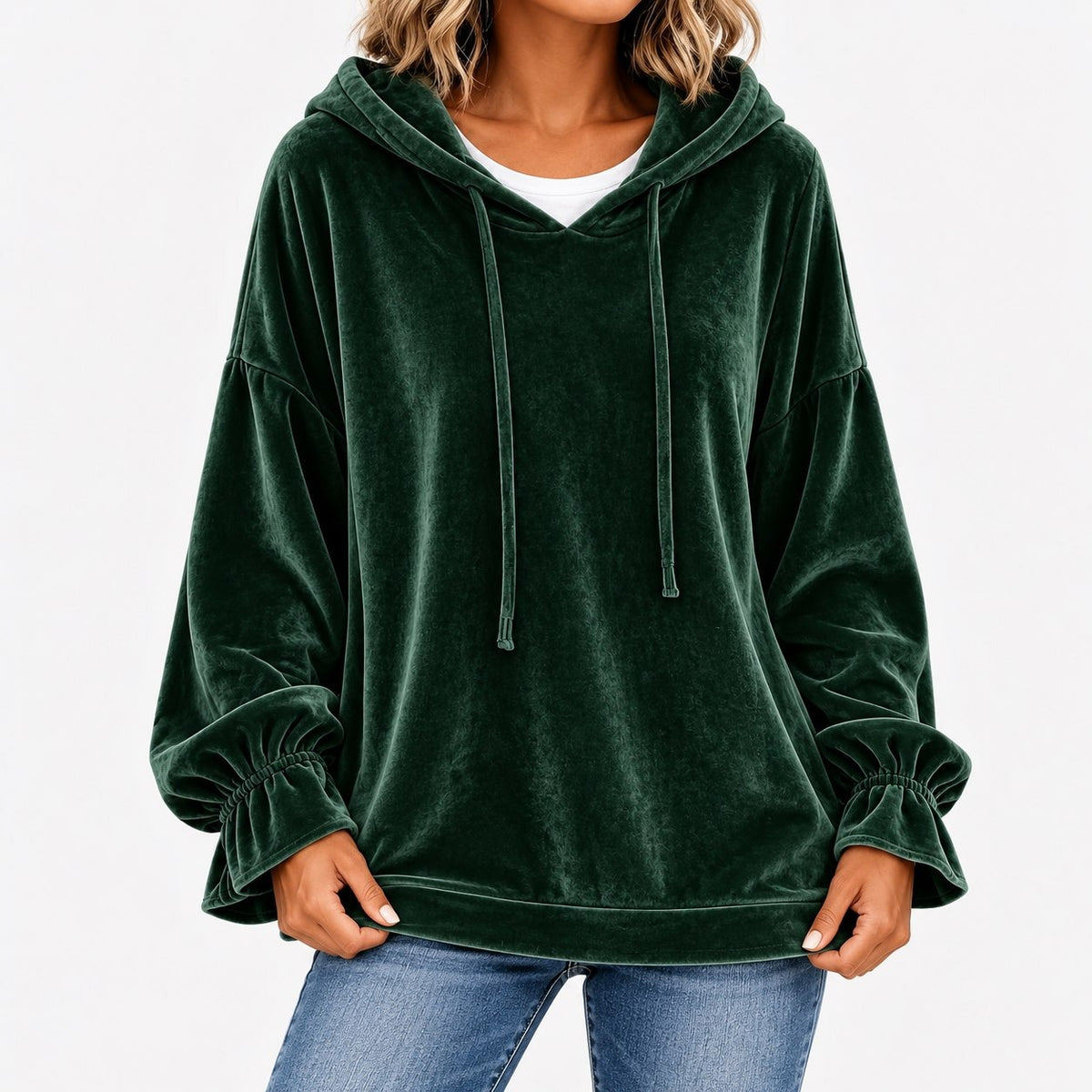 Tallulah Relaxed Fit Hoodie, Ruffle Cuffs — Green | Emory & Blanc