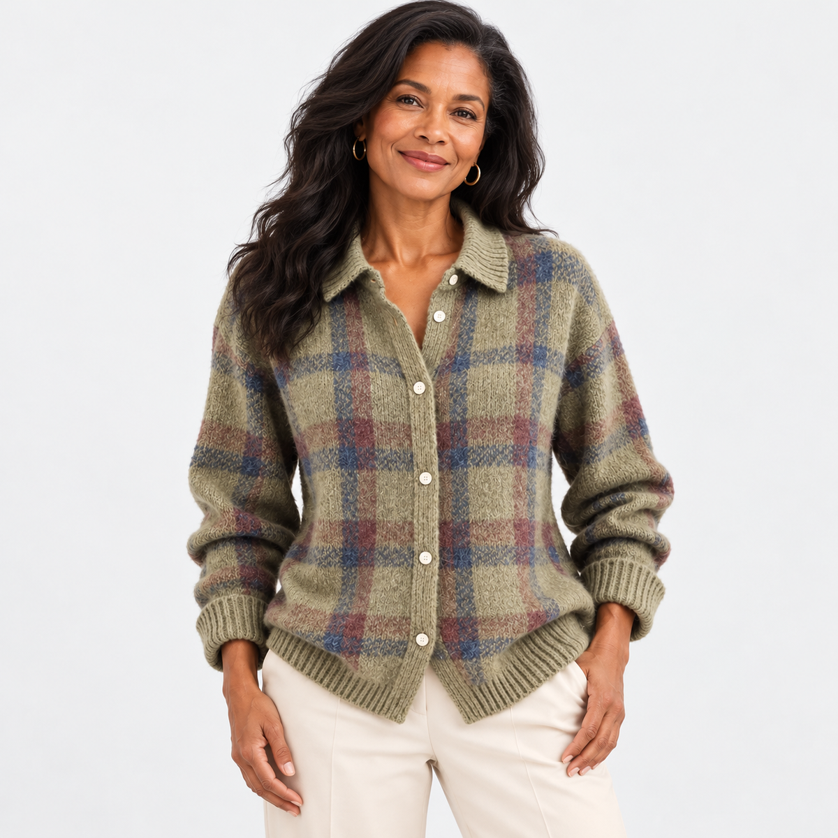 Women's knitwear — sage plaid cardigan on a pale grey studio background