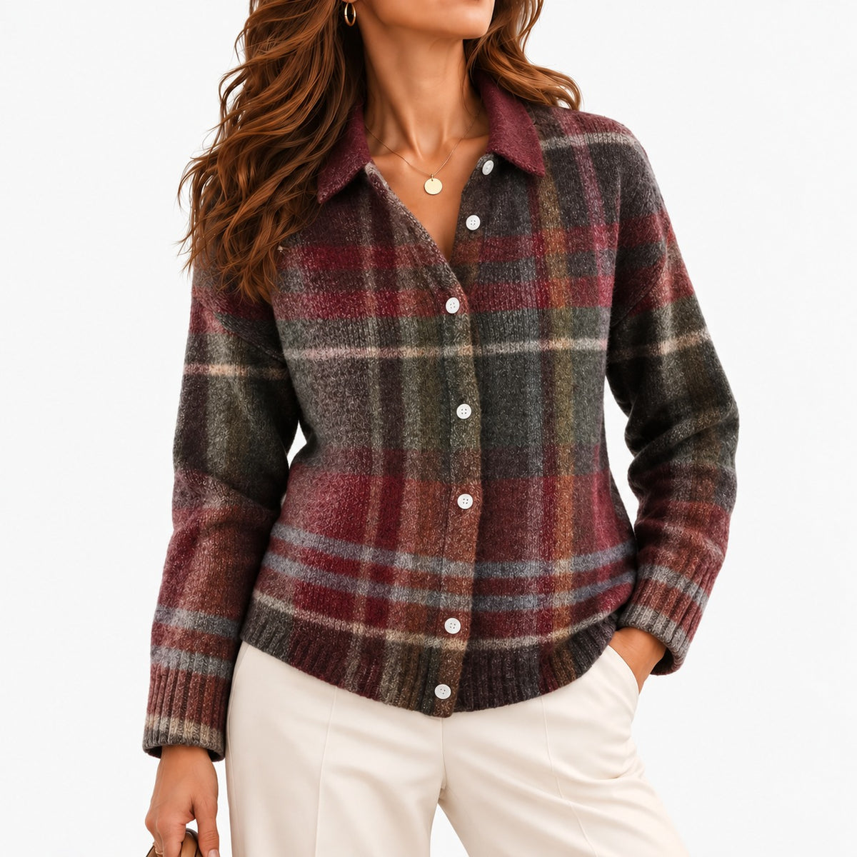 Adela Comfort Collared Cardigan — Burgundy & Charcoal Plaid | Emory & Blanc