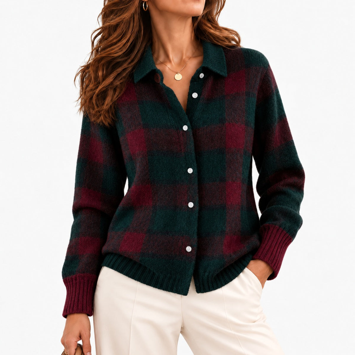 Adela Comfort Collared Cardigan — Burgundy & Forest Plaid | Emory & Blanc