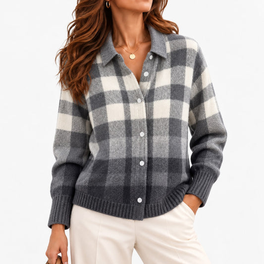 Adela Comfort Collared Cardigan — Charcoal & Ivory Plaid | Emory & Blanc