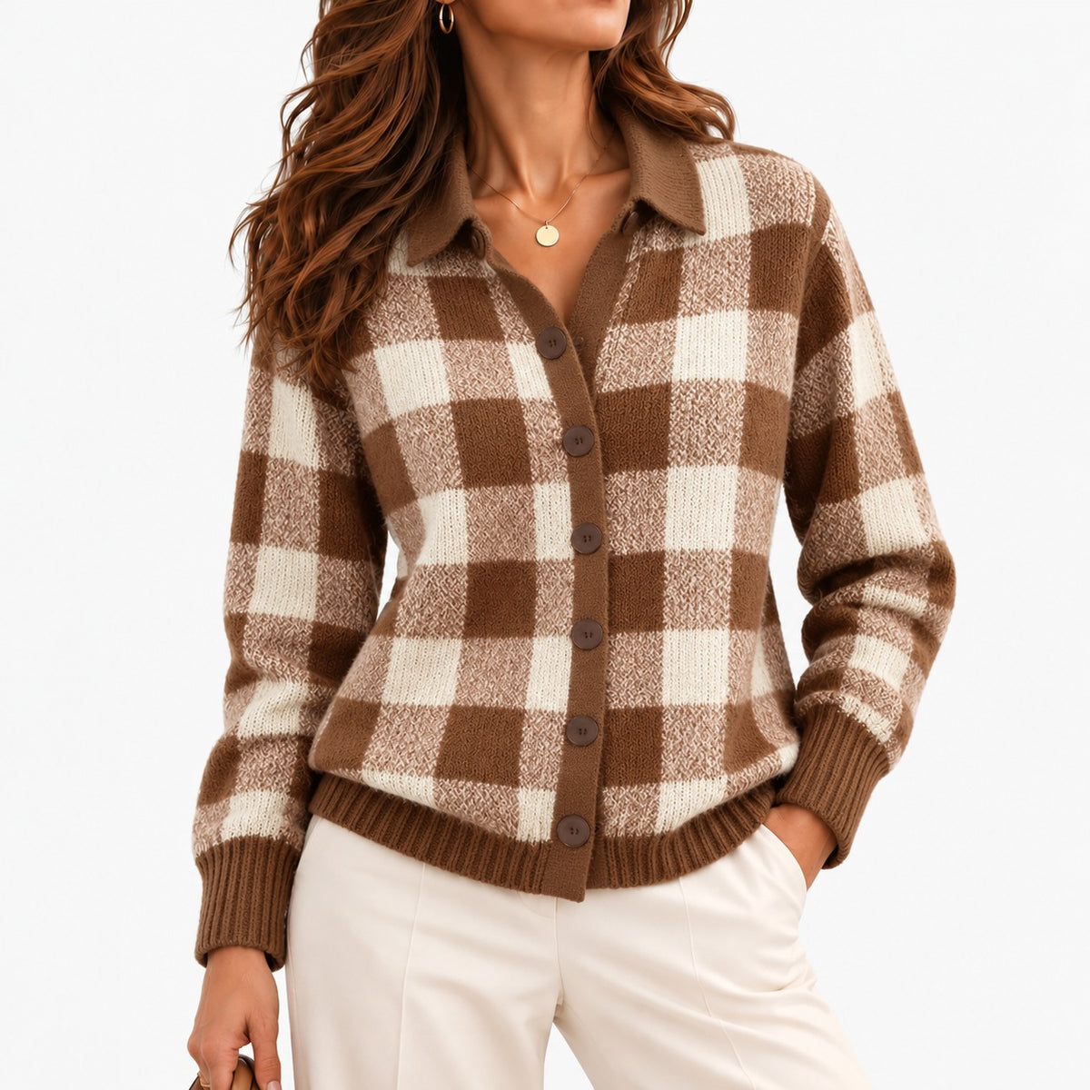 Adela Comfort Collared Cardigan — Cocoa & Cream Check | Emory & Blanc