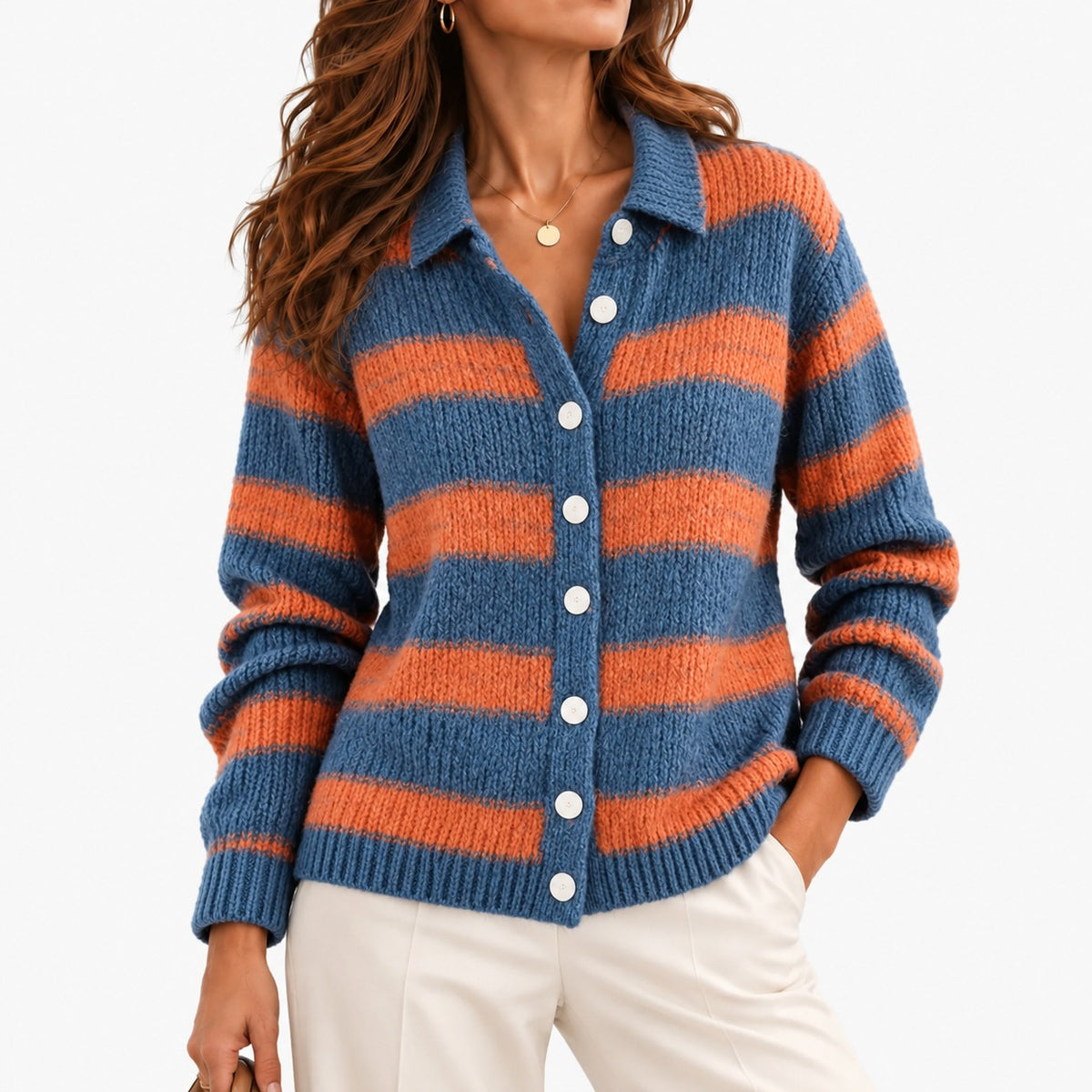 Adela Comfort Collared Cardigan — Denim & Orange Stripe | Emory & Blanc