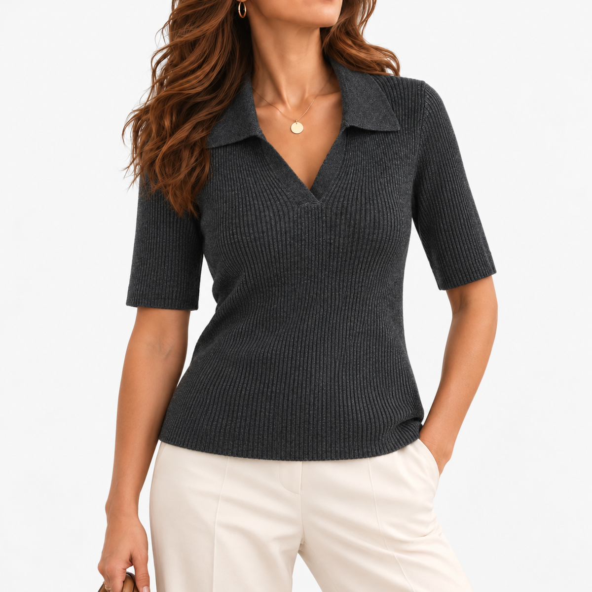 Adelaide Comfort Polo Shirt, Open V-Neck — Gray | Emory & Blanc