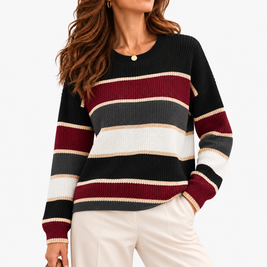 Adelise Relaxed Fit Striped Crewneck Sweater — Black | Emory & Blanc