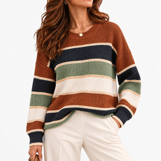 Adelise Relaxed Fit Striped Crewneck Sweater — Brown | Emory & Blanc