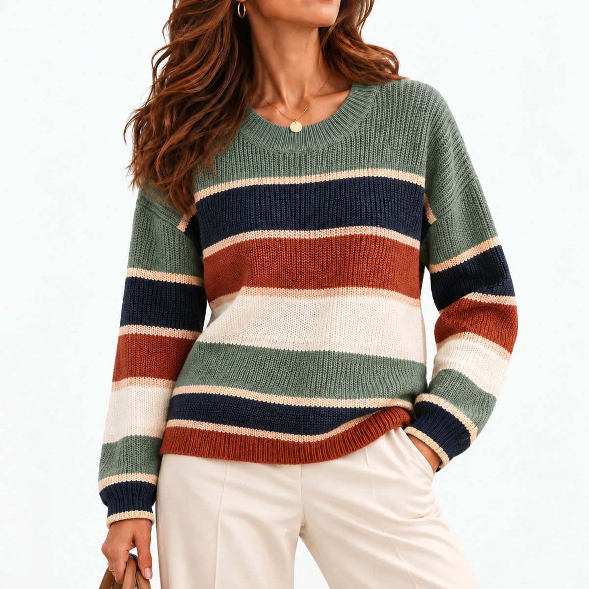 Adelise Relaxed Fit Striped Crewneck Sweater — Green | Emory & Blanc