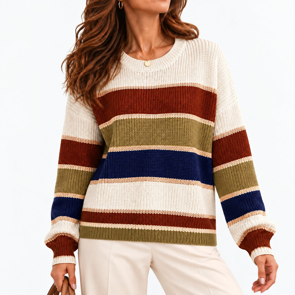 Adelise Relaxed Fit Striped Crewneck Sweater — Khaki | Emory & Blanc