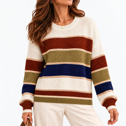 Adelise Relaxed Fit Striped Crewneck Sweater — Khaki | Emory & Blanc