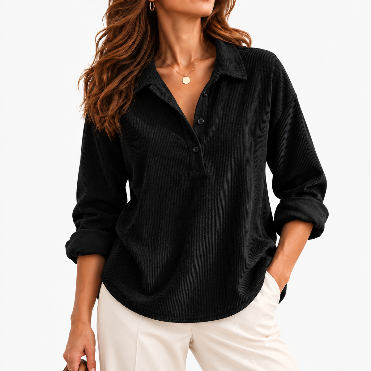 Amandine Soft Corduroy Polo Shirt — Black | Emory & Blanc