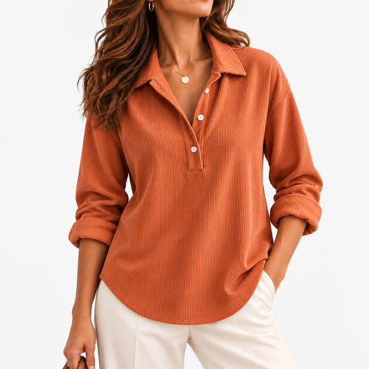 Amandine Soft Corduroy Polo Shirt — Orange | Emory & Blanc