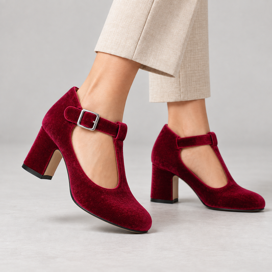 Amelie Women's Soft Velvet Mary Jane Pumps, T-Bar Buckle | Emory & Blanc