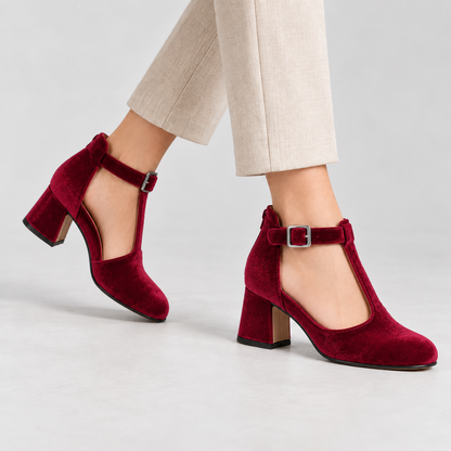 Amelie Women's Soft Velvet Mary Jane Pumps, T-Bar Buckle | Emory & Blanc