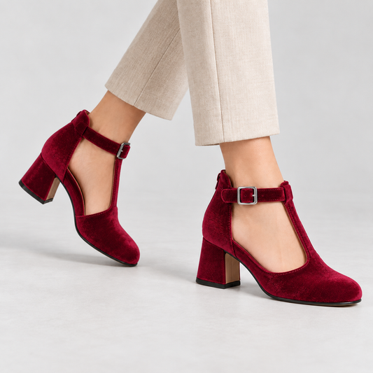 Amelie Women's Soft Velvet Mary Jane Pumps, T-Bar Buckle | Emory & Blanc