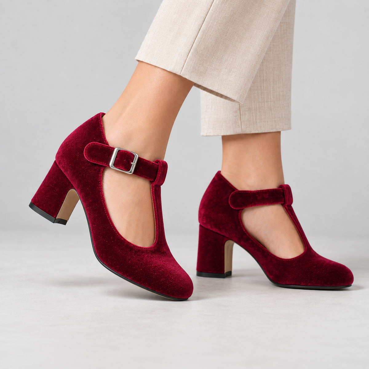 Amelie Women's Soft Velvet Mary Jane Pumps, T-Bar Buckle | Emory & Blanc