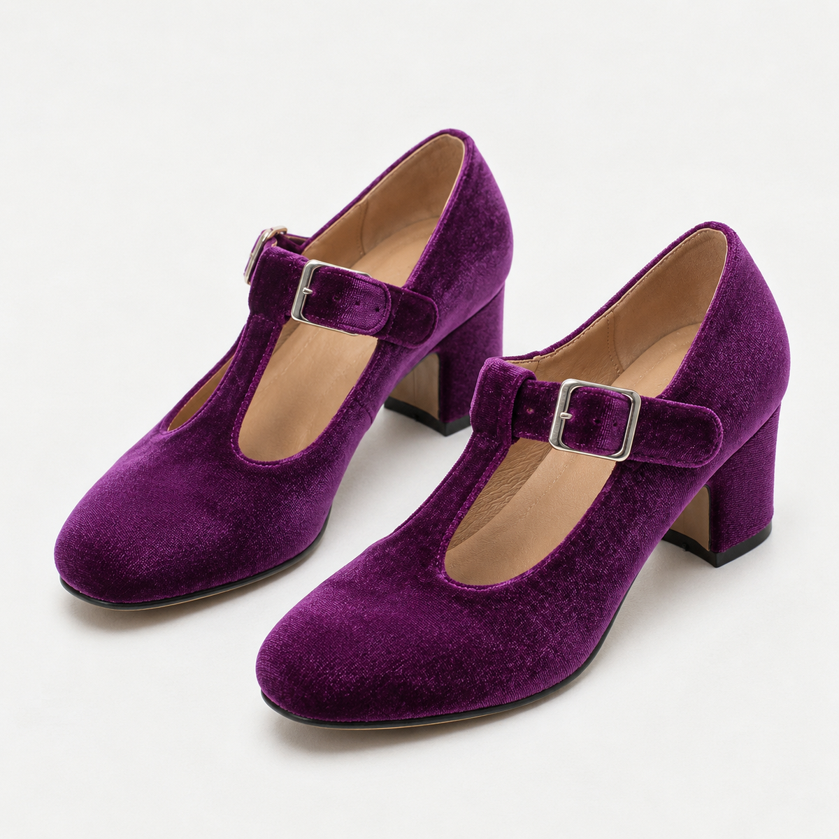 Amelie Women's Soft Velvet Mary Jane Pumps, T-Bar Buckle | Emory & Blanc