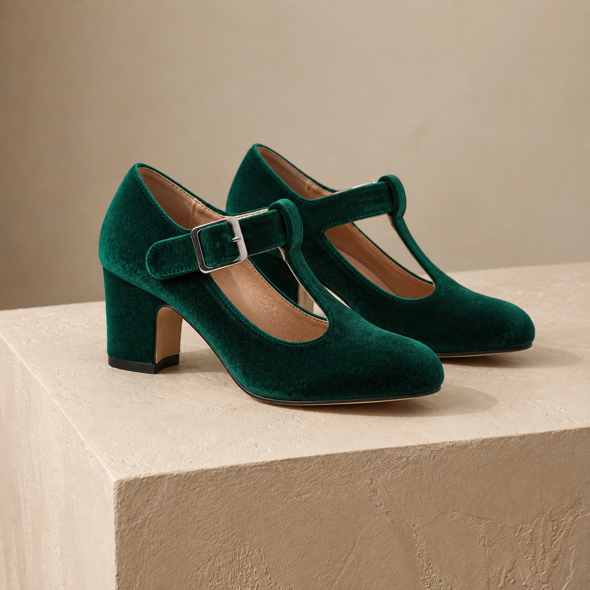 Amelie Women's Soft Velvet Mary Jane Pumps, T-Bar Buckle | Emory & Blanc