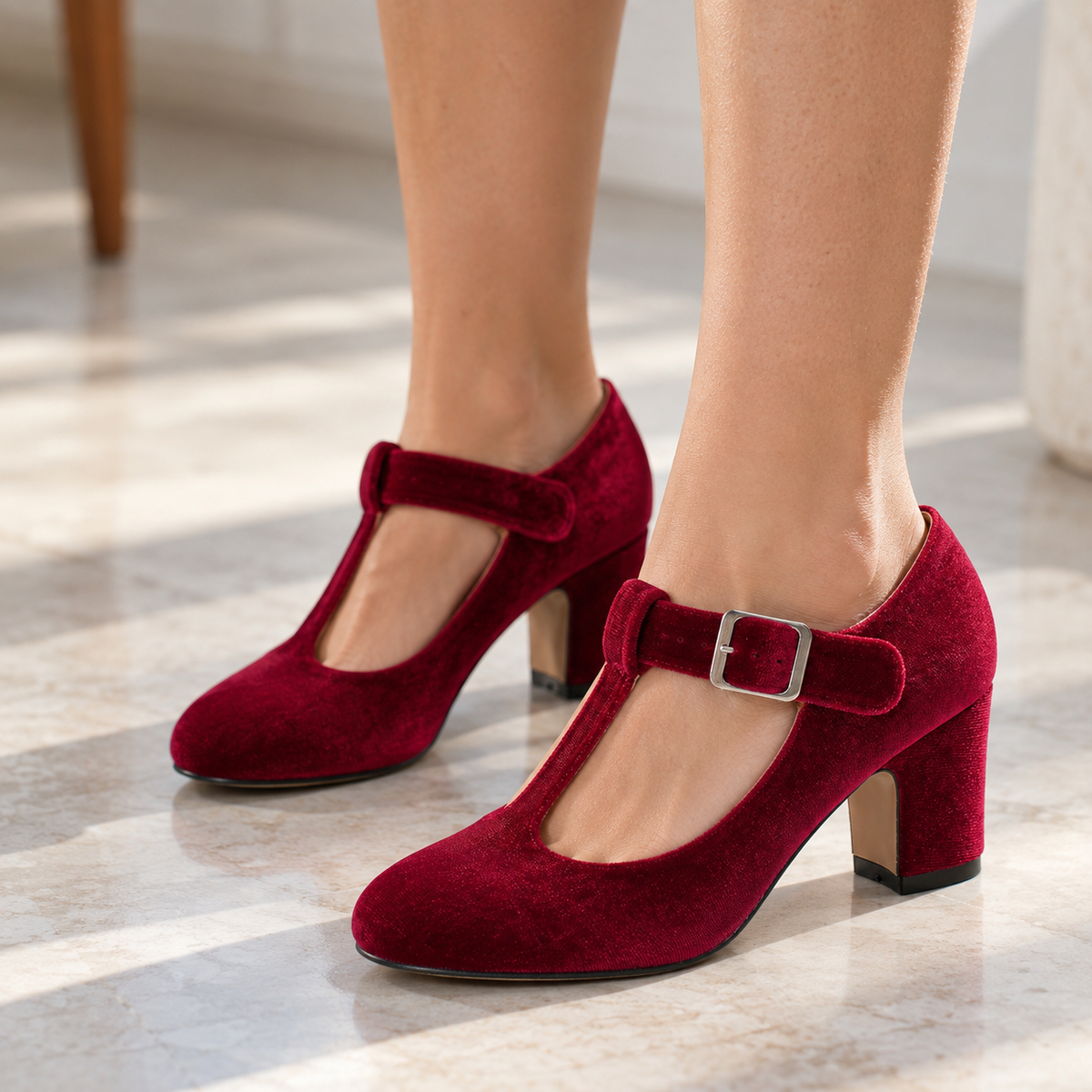 Amelie Women's Soft Velvet Mary Jane Pumps, T-Bar Buckle | Emory & Blanc