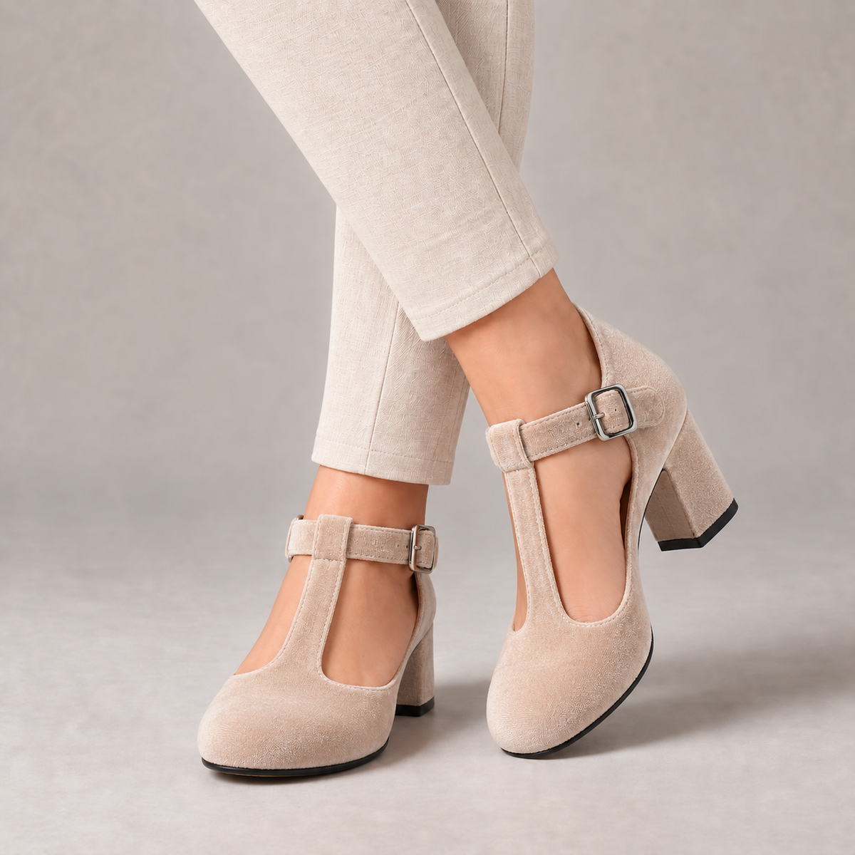 Amelie Women's Soft Velvet Mary Jane Pumps, T-Bar Buckle — Beige | Emory & Blanc