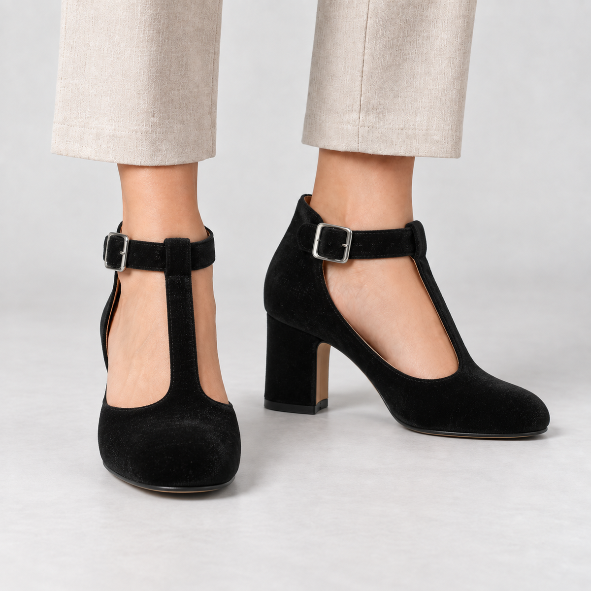 Amelie Women's Soft Velvet Mary Jane Pumps, T-Bar Buckle — Black | Emory & Blanc