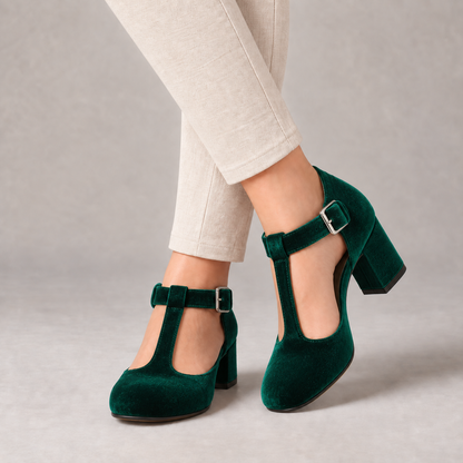 Amelie Women's Soft Velvet Mary Jane Pumps, T-Bar Buckle — Green | Emory & Blanc
