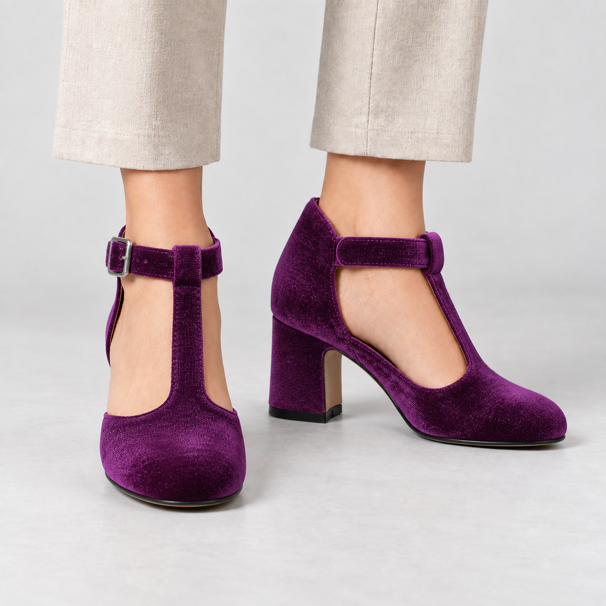 Amelie Women's Soft Velvet Mary Jane Pumps, T-Bar Buckle — Purple | Emory & Blanc