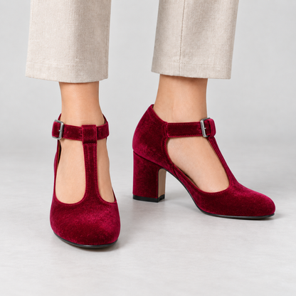 Amelie Women's Soft Velvet Mary Jane Pumps, T-Bar Buckle — Red | Emory & Blanc