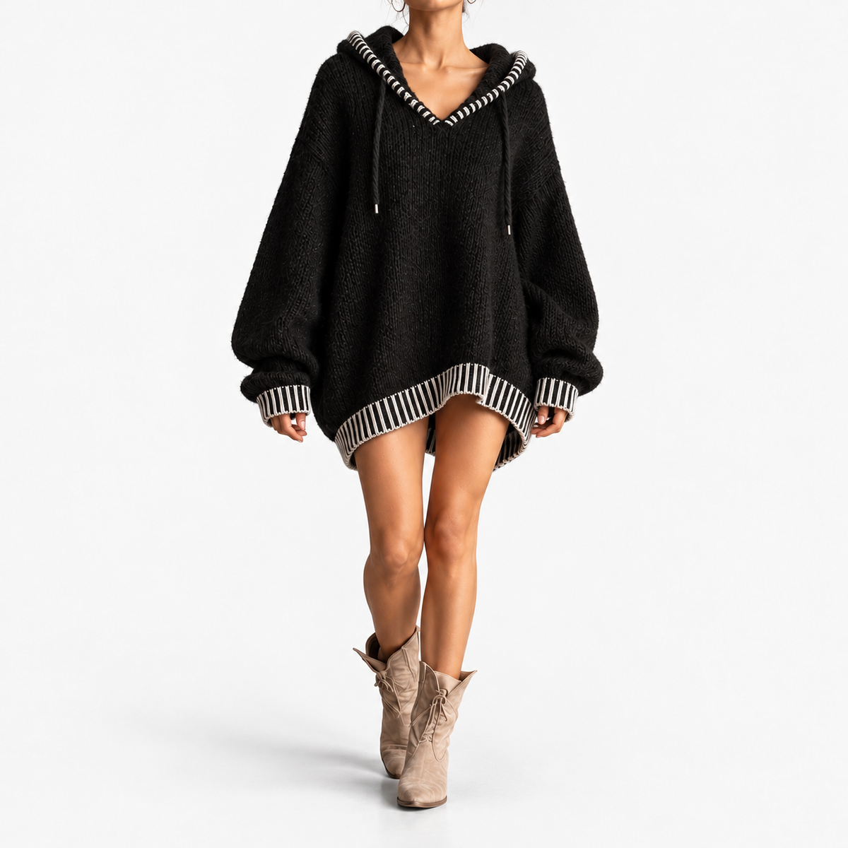 Anneline Cozy Hooded Sweater Dress — Black White | Emory & Blanc