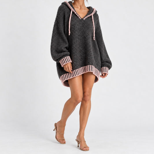 Anneline Cozy Hooded Sweater Dress — Charcoal Pink | Emory & Blanc