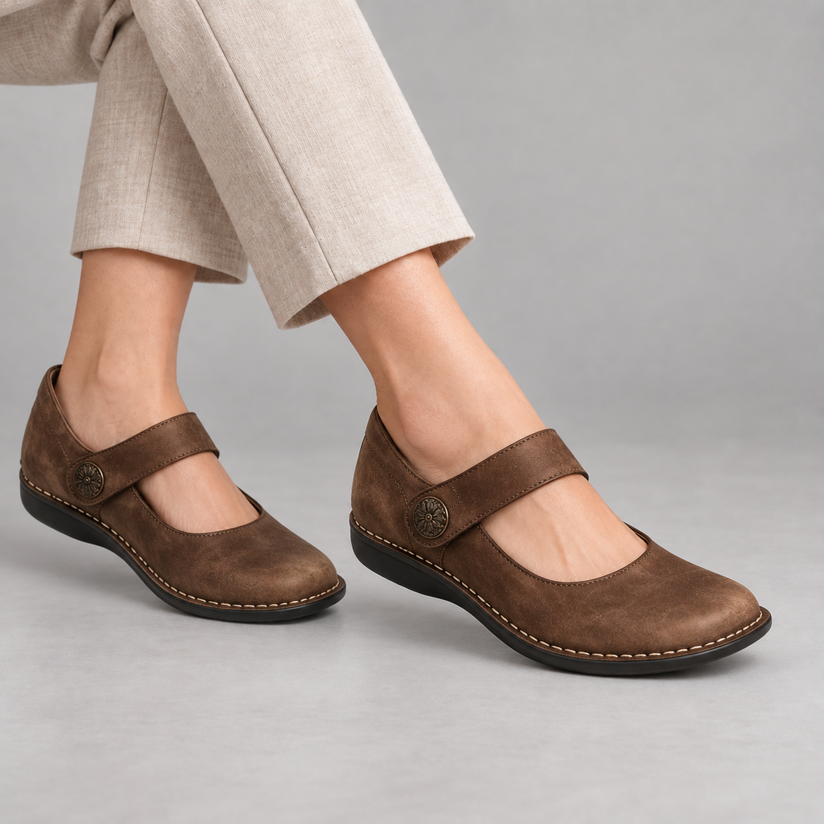Annora Women's Button-Strap Mary Jane Flats — Brown | Emory & Blanc