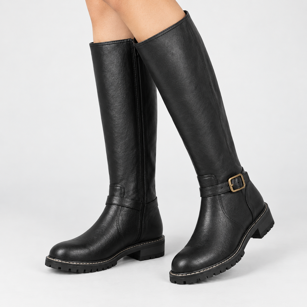Arianne Comfort Buckle Knee-High Boots — Black | Emory & Blanc